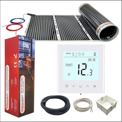 220w/m² Pre-attached Wire Heating Film and Wifi Thermostat Kits Flush Mount Boxes, Corrugated Pipe And 3metre TemperatureSensor (2m² film and smart thermostat)