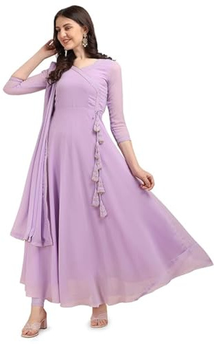 Estationeryhouse Dam Georgette Anarkali Kurta Kurti met Dupatta (broek niet inbegrepen), lila, one size