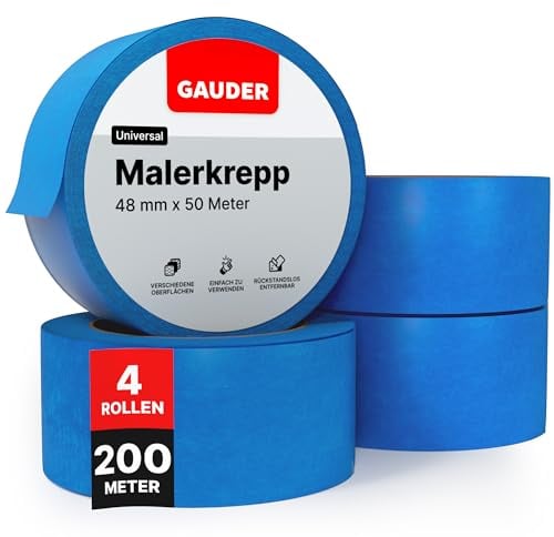 GAUDER Ruban de Masquage (48 mm x 50 m) | 4x Adhésif pour les travaux de peinture et de rénovation | Ruban crêpe pour peindre, vernir, rénover