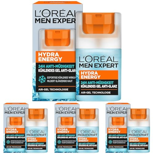 L'Oréal Men Expert kühlende Anti-Glanz Gesichtspflege für Männer, Mattierendes und erfrischendes Gel 24H Anti-Müdigkeit, Gesichtscreme für Herren mit Meeresquellwasser, Hydra Energy, 1 x 50 ml