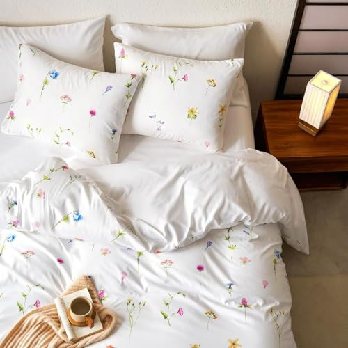 Freyamy Housse de Couette Fleurie 240x260+2 Taie d'oreiller 65x65cm Blanc Coloré Feuilles Floral Parure de lit 2 Personnes Adulte Fleurs Sets de Housse Couette en Microfibre avec Fermeture Éclair