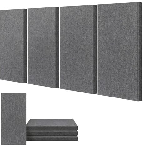 UMIACOUSTICS 4 PCS Acoustic Panels, 2“ Thick 23.6 x 11.8 Fiberglass Sound Absorbing Panels, Self-adhesive Soundproof Panels for Studios, Office, Home Theater. Charcoal Grey
