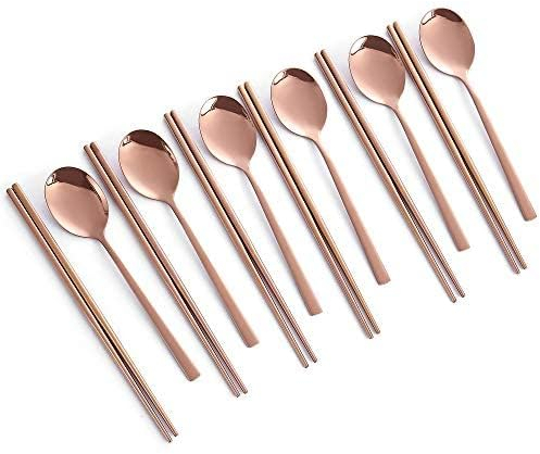Palillos reutilizables, paquete de 6 palillos y cucharas, juego de cucharas de palillos coreanos de acero inoxidable, cuchara de palillos reutilizables de metal, juego de cubiertos, apto for lavavajil