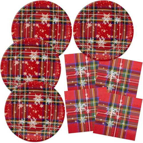 HNH Assiettes de Noël, Rouge écossais Lot de 40 Serviettes en papier de table Vaisselle de fête jetables pour Noël