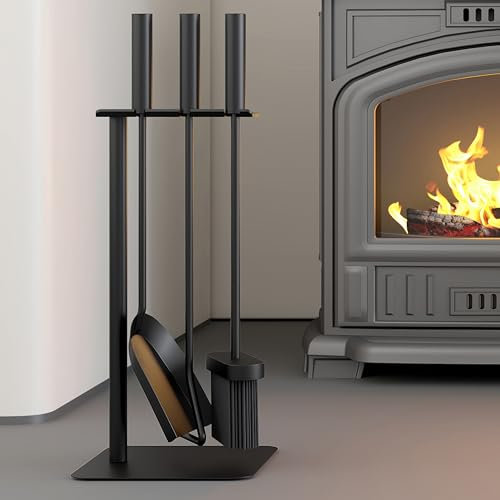 Kingson Kit d'outils de cheminée 4 pièces avec brosse, pelle, tisonnier et support - 16 x 16 x 45 cm - Accessoires élégants pour brûleur à bûches