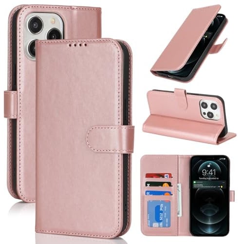 Zouzt for iPhone 13 Pro Max Wallet Case with Card Holder iPhone 12 Pro Max Case Wallet for Women Men, Magnetic Snap Premium PU Leather Flip Folio Durable Kickstand Shockproof Phone Case, Rose Gold