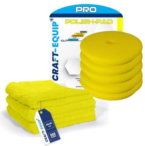 8er Sparpack Craft-Equip PRO Polierschwamm Polierpad mit Klettverschluss Made IN EU (8er Sparpack 125mm DA Polierschwamm Polish GELB + Microfasertücher)