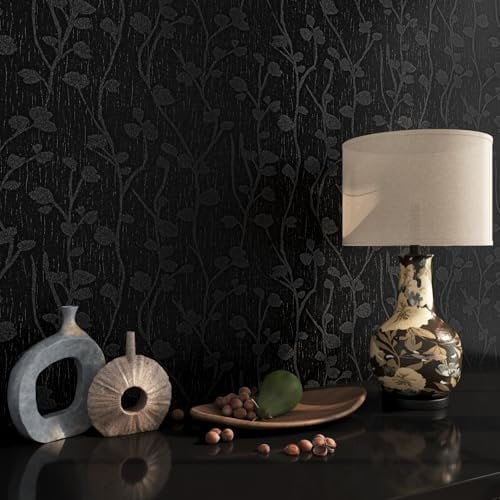 FunStick 40CMx6M Selbstklebende Tapete Schwarz Klebefolie Arbeitsplatte Muster Tapete Modern Wohnzimmer Blätter Zweige Muster Selbstklebende Folie Schlafzimmer Schwarze Klebefolie Möbelfolie Schrank