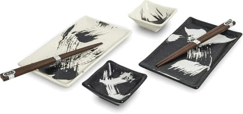 JAPAN ORIENTAL SUHI PLATLER SET | Sushi Vajilla | 6 piezas Sushi Set para 2 personas | Platos de sushi, cuencos y palillos en diferentes diseños asiáticos – Fabricado en Japón (blanco y negro)