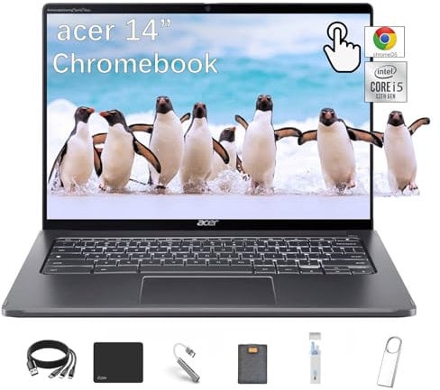 acer Chromebook Spin 714 Touchscreen Laptop, 14 WUXGA (1920 x 1200) 2-in-1 Laptop, Intel 10-Core i5-1335U, 8GB RAM 256GB SSD, Backlit Keyboard, Chrome OS, Gray, with 5ave 6-in-1 Accessory Kit