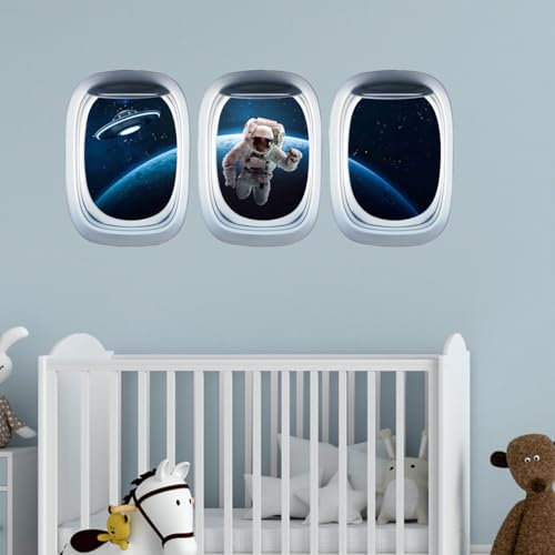 SanKristo Space Glow in The Dark Blue Light Wall Stickers 3PCS, Self Adhesive Realistic 3D Window View Realistic Universe Space Planets Wallpaper, for Kids Bedroom Floor Ceiling Wall Decor, 30 X 21CM