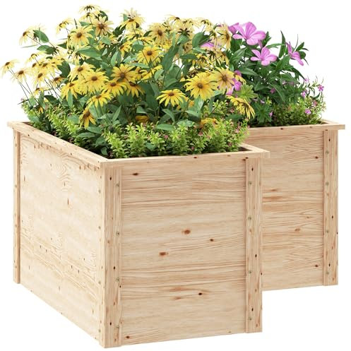 Fioriera a L Outsunny, aiuola rialzata per giardino, fioriera da esterno a fondo aperto, fioriera in legno per terrazza patio, 120 x 120 x 62 cm, legno naturale