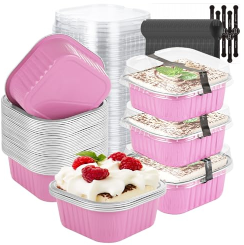 AKOLAFE 100Set Mini Loaf Tins for Baking, 175ml Mini Loaf Pans with Lids and Spoons Aluminum Foil Baking Pans Square Mini Cake Tins Cases with Sealing Sticker for Bread, Pink