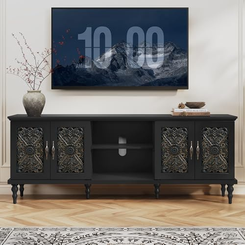 HOLTICO TV Stand for Living Room, Vintage TV Unit with Storage, Adjustable Shelf and Hollow Floral Carving Doors, Wooden TV Cabinet Fits TVs up to 75 Inches, Black