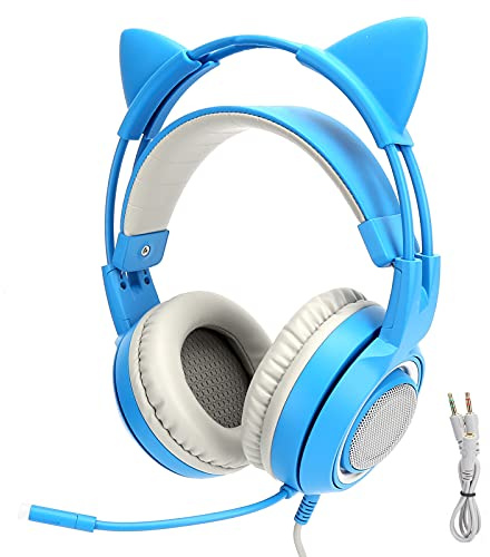 Cuifati Stereo-Gaming-Headset für PC-Mobiltelefone, Geräuschreduzierung über Dem Ohrkopfhörer, 3,5 Mm Universeller, Omnidirektionaler Katzenohr-Kopfhörer für Spiele, Leicht (Blue)