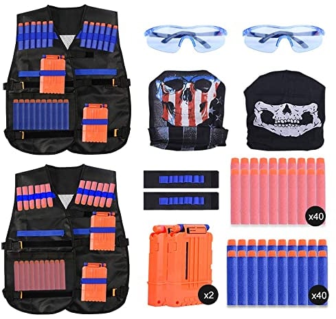 EXTSUD Kids Tactical Vest, 2 Sets Tactical Vest for Nerf Guns N-Strike Elite Series with 80Pcs Refill Darts, 2 Reload Clips, 2 Tactical Masks, 2 Wrist Bands and 2 Protective Glasses
