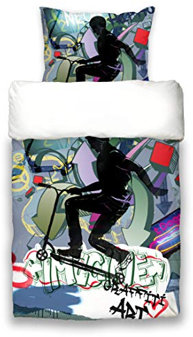 beties Graffiti Scooter Wende-Bettwäsche-Set ca. 135x200 cm & ca. 80x80 cm digitaler City-Roller Cool feinste Baumwolle Stunt-Black