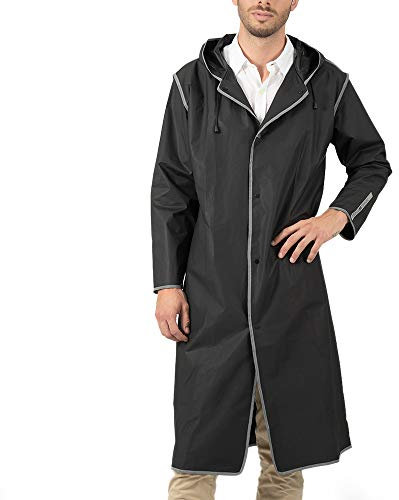 PERLETTI Impermeabile Pioggia Uomo Donna Dettagli Riflettenti - Poncho Antipioggia Riutilizzabile Antivento con Cappuccio Custodia - Mantella Montagna Trekking Adulto (Nero Bordo Catarifrangente, L)