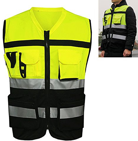 SQER Reflektierende Sicherheitsweste, Warnschutz-Weste mit Reißverschluss vorne mit Taschen und reflektierenden Streifen Hi-Vis-Sicherheitsjacke Ultraleicht für den BAU von Radfahrern im Baugewerbe