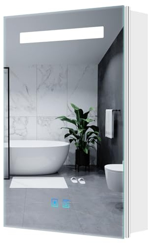 Quavikey® LED Bathroom Mirror Cabinet With Shaver Socket and Anti-Fog Demister for Bathroom,3-Color Dimmable Lighting for Makeup and Shaving, Overhead Interior Illuminated, Wall Mounted,White, 40x60cm