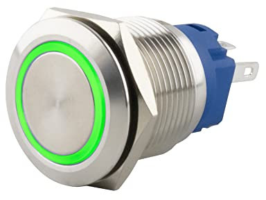 SeKi Pulsador de acero inoxidable, diámetro de 16 mm, forma de cabeza plana, anillo LED iluminado de colores, en ojales de soldadura verdes, conector plano de 0,5 x 2,8 cm; pulsador de timbre