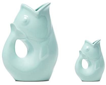 Gurgle Pot Fish Pitcher - Set of 2, French Inspired Design, Large Pitcher 42 oz. with matching Creamer, Delicate Blue, the perfect Indoor or outdoor tableware., 42 Fluid Ounces and 3 Fluid Ounces