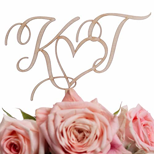 Hochzeitideal - Cake Topper Hochzeit personalisiert 'Initial Love' - Kuchen Deko in Holz - individuelle Cake Topper - Hochzeitstorte Deko (Natur)
