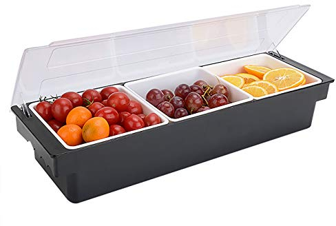 Zutatenbehälter Set 3-teilig | Barbeilagenbehälter mit Deckel | 3X 400 ml Fächer für Zitronen, Obst, Oliven und Cocktail Zutaten | 50x15x10cm | schwarz mit transparentem Klappdeckel