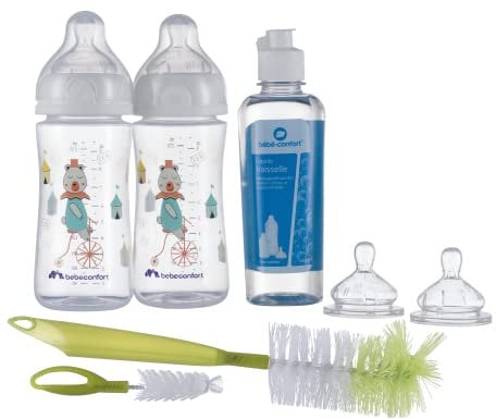 Bebeconfort Emotion Geburtsset, inkl. Babyflaschen Geschenkset 2 Babyflaschen 270 ml, 2 Sauger, 1 Flaschenbürste 2 in 1 und 1 Geschirrspülmittel 250 ml, 0-24 Monate