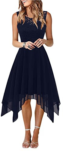 Onsoyours Robe de Cocktail Femme Longue Robes Soirée en Dentelle Mousseline de Soie Robes Chic Elégant sans Manches Sexy Robe Asymétrique A Marine 3XL