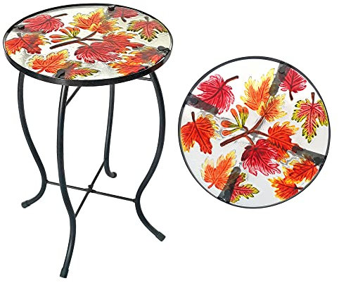 Table d'appoint d'extérieur en mosaïque - Petite table basse ronde imprimée - En verre - Convient pour terrasse ou pelouse