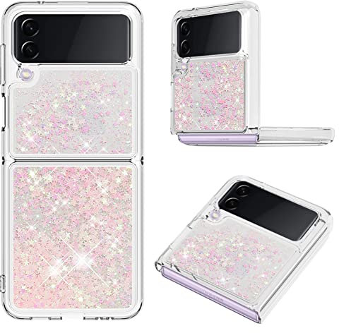 IMEIKONST Compatible with Samsung Galaxy Z Flip 3 5G Glitter Case, Liquid Sparkle Quicksand Transparent Sequin Slim Soft TPU Bumper Silicone Shockproof Cover for Samsung Z Flip 3 5G. Star Pink YBW