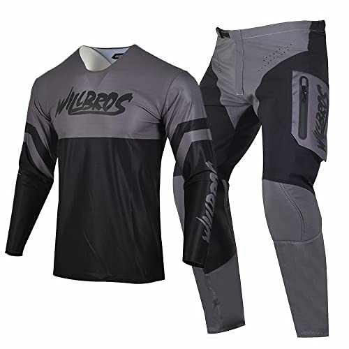 Willbros Kombination aus Motocross Trikot und Hose Herren Offroad Dreckiges Fahrrad MX Ausrüstungsset Reiten Schutzanzug Schwarz Grau (Jersey M Pants 32)