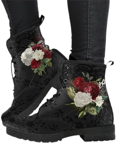 Damen Gothic Stiefel Chelsea Ankle Boot Punk Stiefeletten Knöchel Stiefel Blockabsatz Retro Drucken Kurze Stiefeletten Chunky Heels