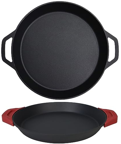 Crucible Cookware Cast Iron Skillet - 15.75-Inch (40 cm) Dual Loop Handle Frying Pans, Paella Pan + Silicone Handle Holder Covers - Oven Safe - Indoor/Outdoor - Use on Any Stovetop, Induction Safe