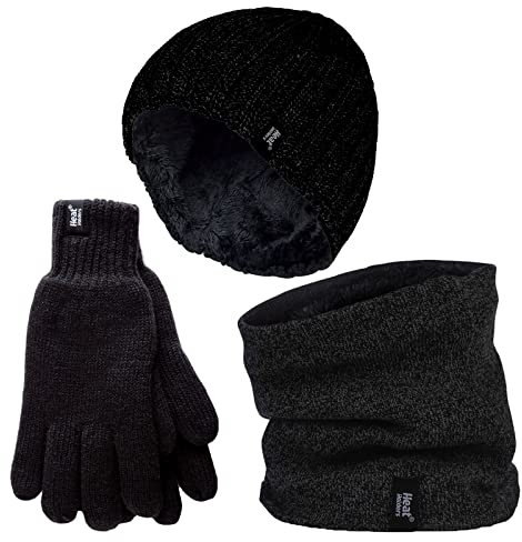 HEAT HOLDERS Herren Halswärmer Mütze Handschuhe Set Winddicht Warm Gestrickt Fleece Thermo Winter Set (L-XL, Schwarz)