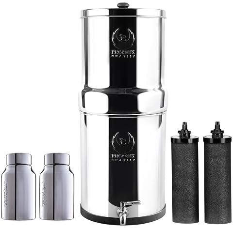 Phoenix Gravity - Système de filtration d'eau par gravité AISI 304 de 6 litres, 2 Smart Carbon, 2 éléments d'élimination du fluorure en acier POSTreat, robinet en acier inoxydable gratuit