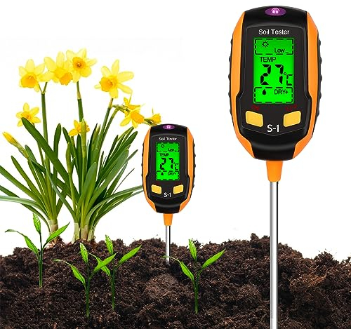 Medidor de Suelo 4 en 1,Medidor de pH de Suelo con PH/Temperatura/Humedad/Luz,Medidor de Suelo con Pantalla LCD para Jardinería, Césped, Agricultura y Plantas de Exterior