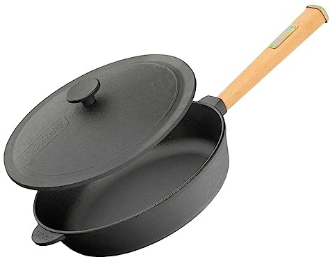 Ø28cm - Gusseisenpfanne - 55mm hoch Abnehmbarer Holzgriff - Gusseisen Deckel - Bratpfanne - Gußeisen Pfanne - geeignet für Gasgrill, Backofen, Feuerstelle Induktion und alle Herdarten