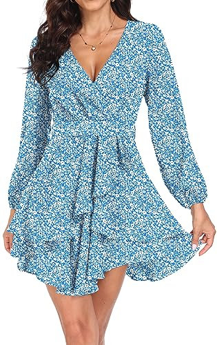 DEARCASE Donna Abito Elegante da Donna retrò A Tinta Unita Floreale Maniche Lunghe Casuale Estate Cocktail Evening Party Abiti da Sera con Cinturini in Vita, Floral Blu XL