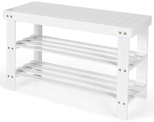 Multigot 3-Tier Shoe Bench, Bamboo Shoe Storage Organizer Seat, Shoe Rack Stand for Entryway Hallway Bedroom Living Room, Holds up to 6 Pairs (White)