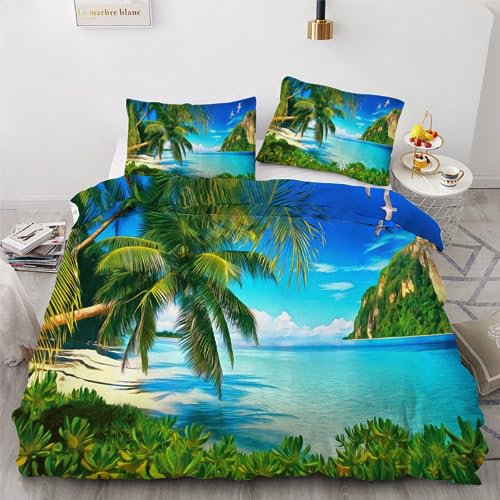 ROUSKI Bettwäsche Palme 135x200 cm 2teilig 100% Mikrofaser Kinderbettwäsche Tropisch Strand Wendebettwäsche mit Reißverschluss 3D Motiv Zimmer Dekor Bettwäsche-Sets mit Kissenbezüge 80x80