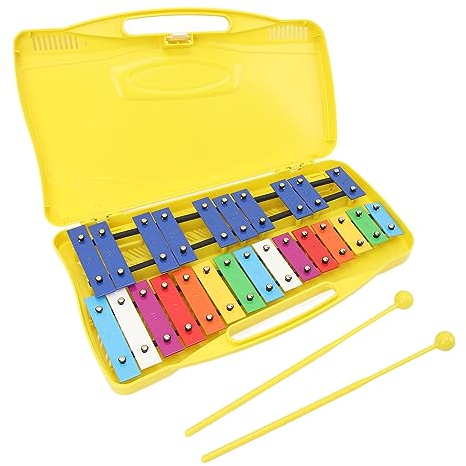 Caja Amarilla Xilófono de Placa de Aluminio de 25 Tonos con 2 Teclas Coloridas de Palo de Percusión para Principiantes