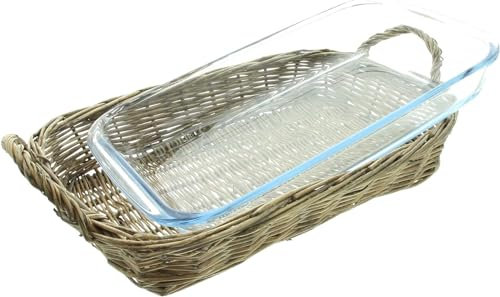 Plat à gratin « Cuisine » en verre 33 x 21 cm avec panier en osier pour servir, +250 °C à -20 °C, rectangulaire, cocotte, plat à rôtir en verre