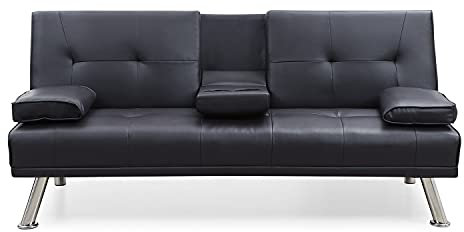 ELEGANT Click Clack Sofa Bed with Cup Holders and Removable Armrests, Faux Leather 3 Seater Sofa Couch, Convertible Bed Settee for Living Room, Office and Guest Room, Black, 1820x830x880mm