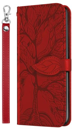 Rnrieyta Miagon Custodia Flip per Samsung Galaxy S24 Ultra,Goffratura Albero Design Case in PU Pelle Portafoglio Cover con Chiusura Magnetica,Rosso