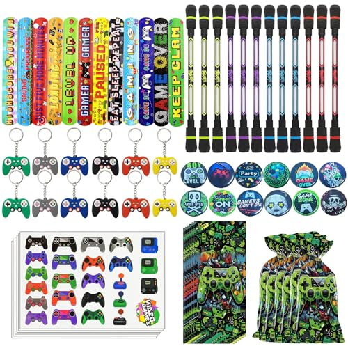 62 Stück Videospiel Party Mitgebsel Gamer, Videospiel Party Mitgebsel, Schlüsselanhänger Partytüten Silikon Armband Knopfnadeln Aufkleber, Videospiel-Themen Geburtstagsparty Dekoration für Kinder