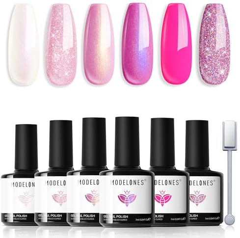Modelones UV Nagellack,Gel Nagellack UV 6 Farben, Weiß Rosa Glitzer Serie für Sommer Soak Off Nail Polish French Manicure DIY zu Hause Geschenke, 7 ml