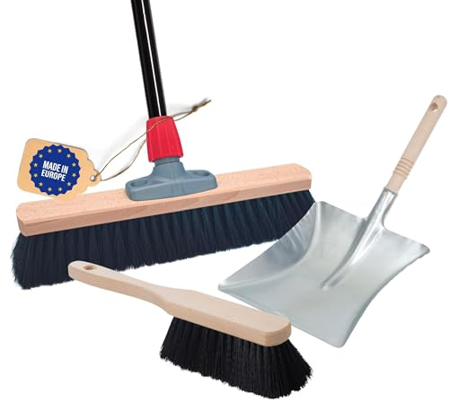 Novaliv Besen 40 cm mit Stiel Saalbesen Kunstborsten inkl. Kehrgarnitur verzinkt bestehend aus Kehrblech und Handfeger Besen fein Ideal als Werkstattbesen Hallenbesen Hausbesen mit Stiel