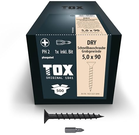 TOX Schnellbauschrauben DRY GG 5,0 x 90 mm, Schrauben schwarz phosphatiert mit Trompetenkopf + Grobgewinde, Gipskartonplatte auf Holz-Unterkonstruktion, PH2, 500 Stück, inkl. 1x Bit, 142353215090